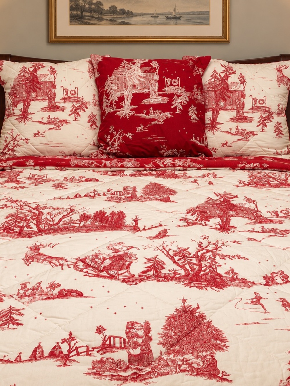 Pottery Barn Red & White Santa Toile Quilt Set King with 3 Euro Shams Reversible - Picture 3 of 8